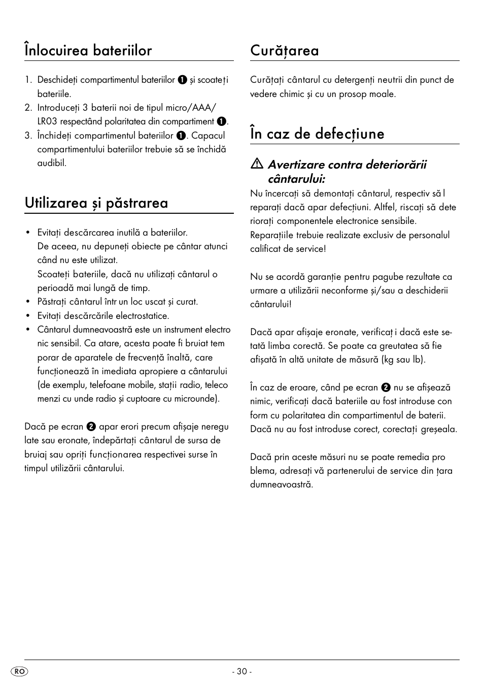 Înlocuirea bateriilor, Utilizarea şi păstrarea, Curăţarea | În caz de defecţiune, Avertizare contra deteriorării cântarului | Silvercrest SPWS 180 A1 User Manual | Page 32 / 50
