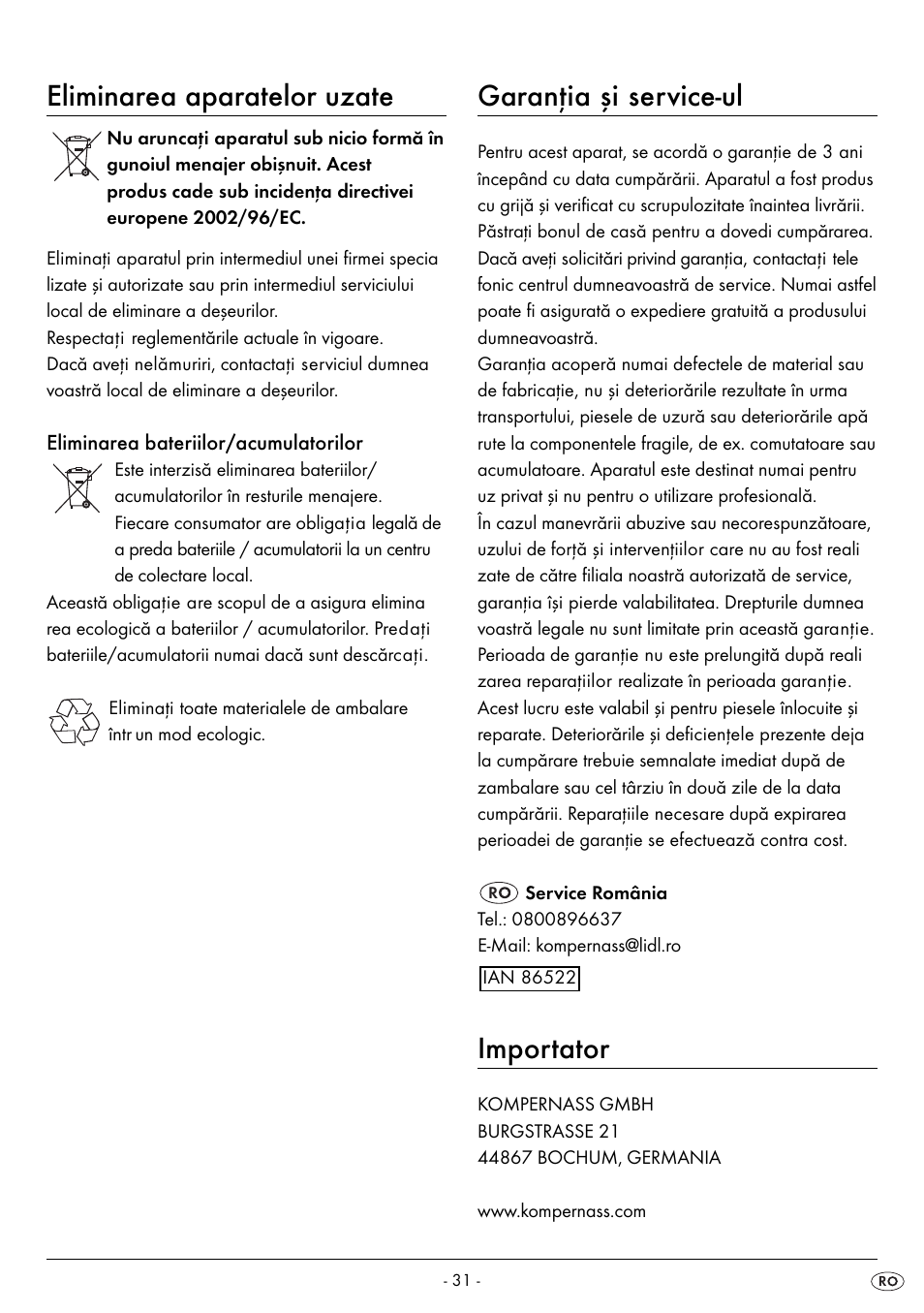 Eliminarea aparatelor uzate, Garanţia şi service-ul, Importator | Silvercrest SPWS 180 A1 User Manual | Page 33 / 50