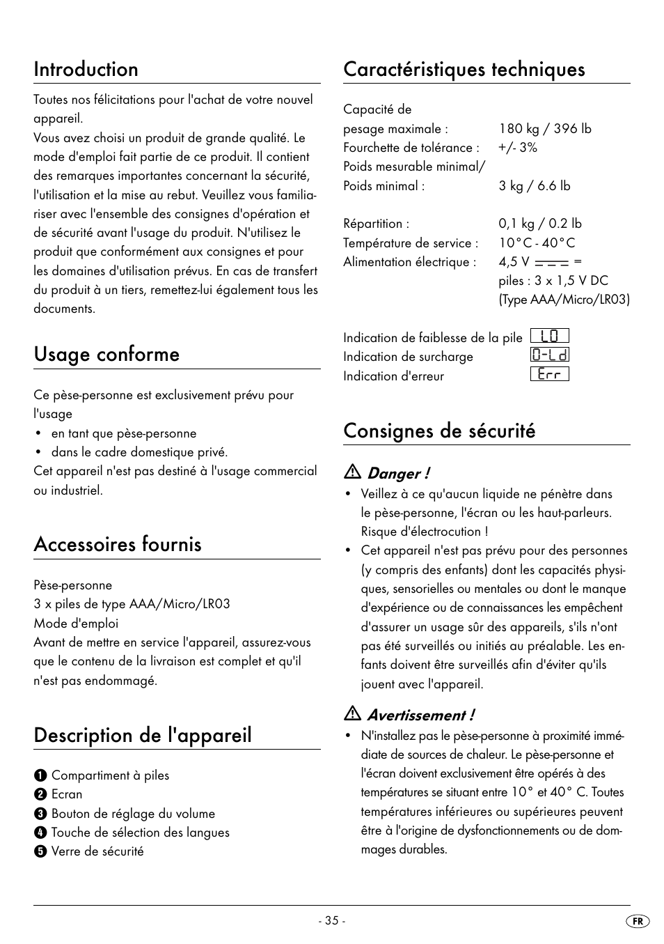 Introduction, Usage conforme, Accessoires fournis | Description de l'appareil, Caractéristiques techniques, Consignes de sécurité | Silvercrest SPWS 180 A1 User Manual | Page 37 / 50