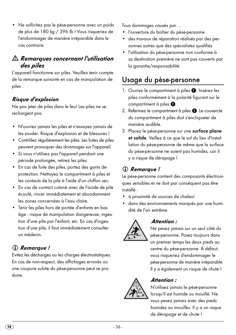 Usage du pèse-personne, Remarques concernant l'utilisation des piles, Risque d'explosion | Remarque, Attention | Silvercrest SPWS 180 A1 User Manual | Page 38 / 50