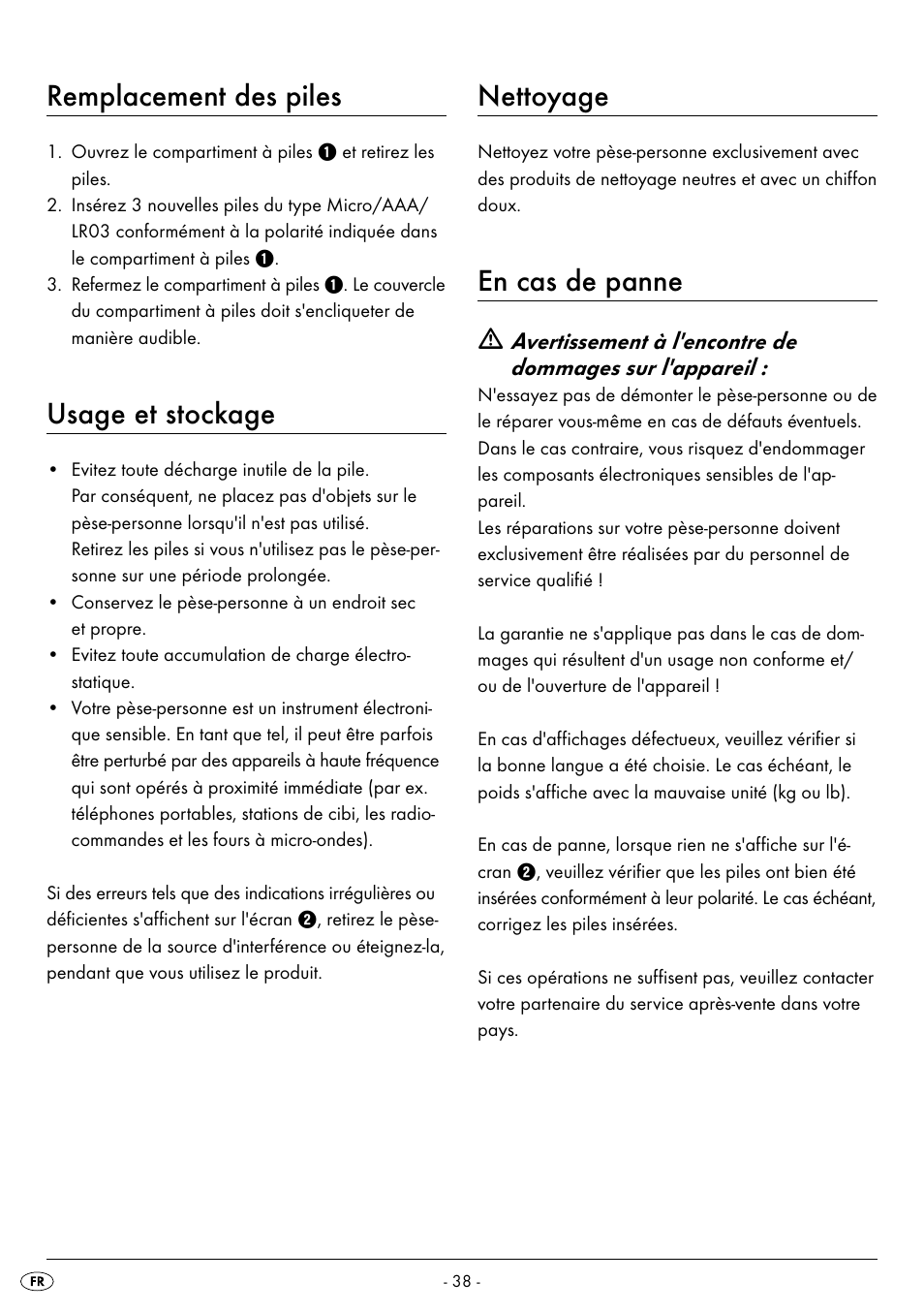 Remplacement des piles, Usage et stockage, Nettoyage | En cas de panne | Silvercrest SPWS 180 A1 User Manual | Page 40 / 50