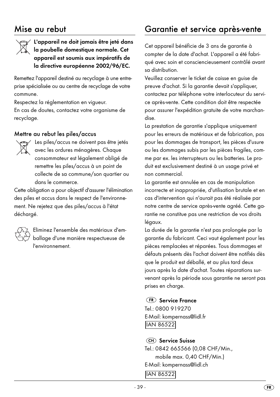 Mise au rebut, Garantie et service après-vente | Silvercrest SPWS 180 A1 User Manual | Page 41 / 50