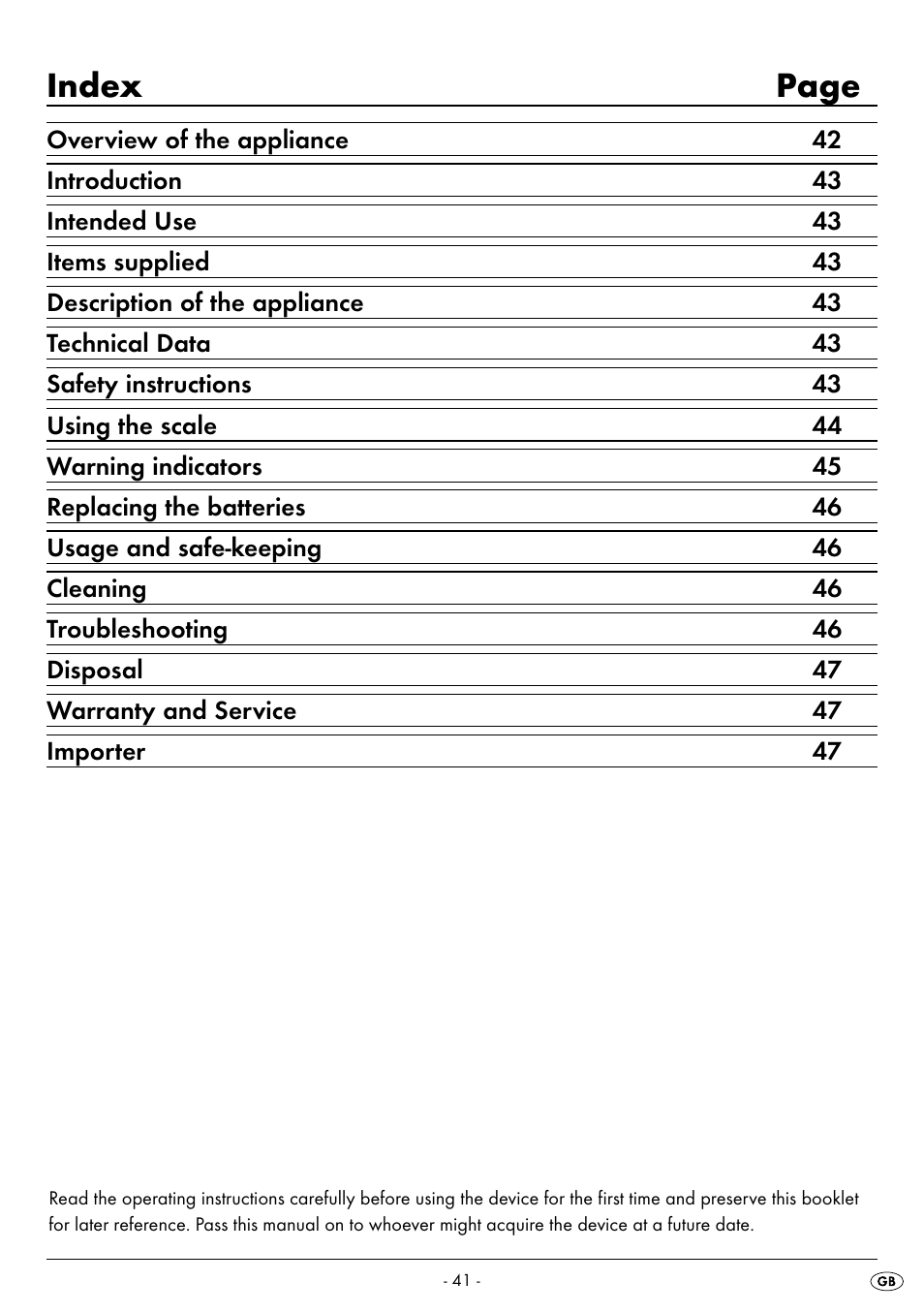 Index page | Silvercrest SPWS 180 A1 User Manual | Page 43 / 50