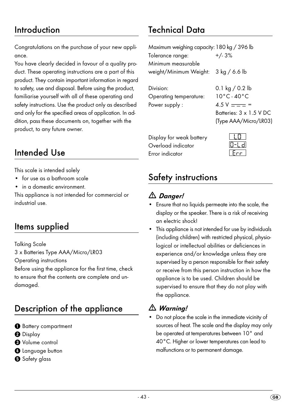 Introduction, Intended use, Items supplied | Description of the appliance, Technical data, Safety instructions | Silvercrest SPWS 180 A1 User Manual | Page 45 / 50
