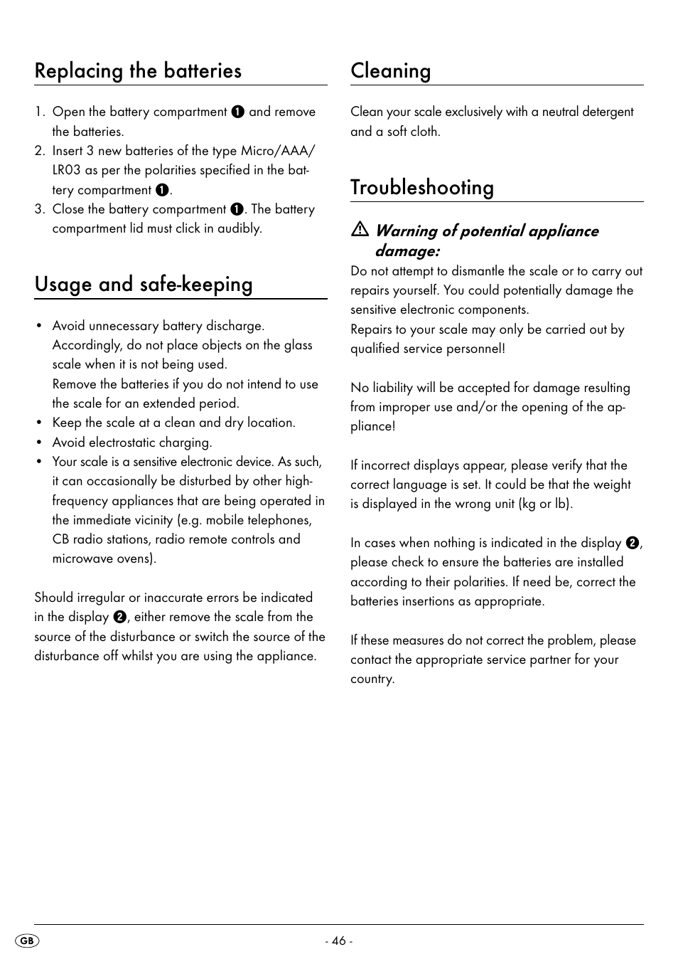 Replacing the batteries, Usage and safe-keeping, Cleaning | Troubleshooting | Silvercrest SPWS 180 A1 User Manual | Page 48 / 50