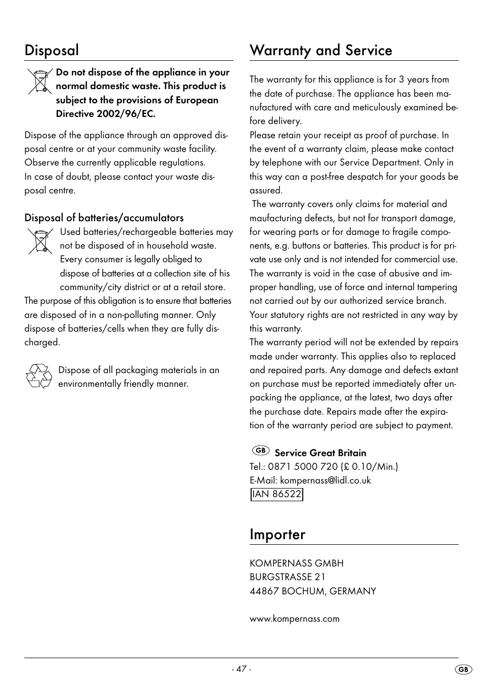 Disposal, Warranty and service, Importer | Silvercrest SPWS 180 A1 User Manual | Page 49 / 50