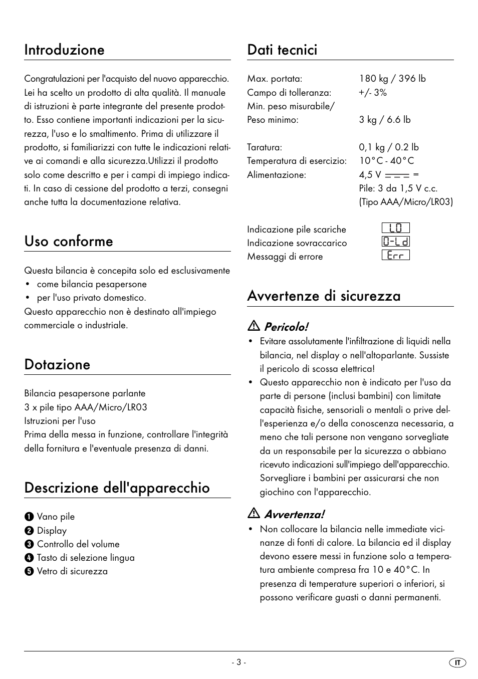 Introduzione, Uso conforme, Dotazione | Descrizione dell'apparecchio, Dati tecnici, Avvertenze di sicurezza | Silvercrest SPWS 180 A1 User Manual | Page 5 / 50