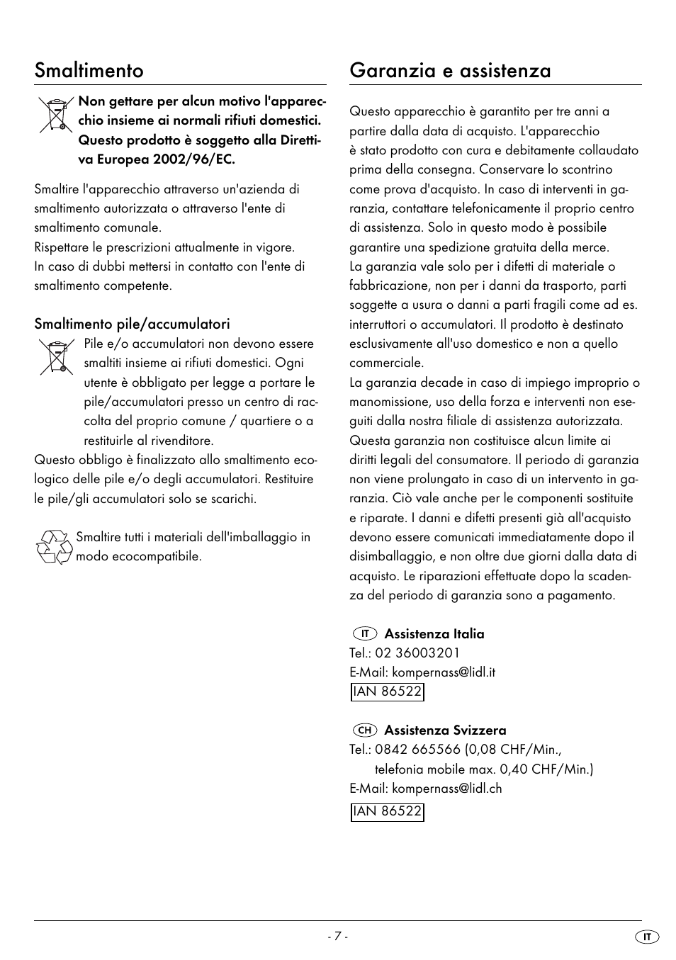 Smaltimento, Garanzia e assistenza | Silvercrest SPWS 180 A1 User Manual | Page 9 / 50