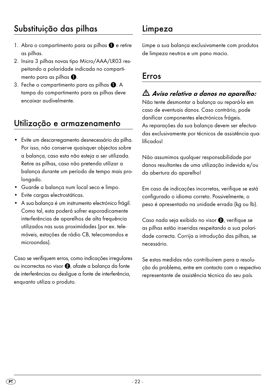 Substituição das pilhas, Utilização e armazenamento, Limpeza | Erros | Silvercrest SPWS 180 A1 User Manual | Page 24 / 59