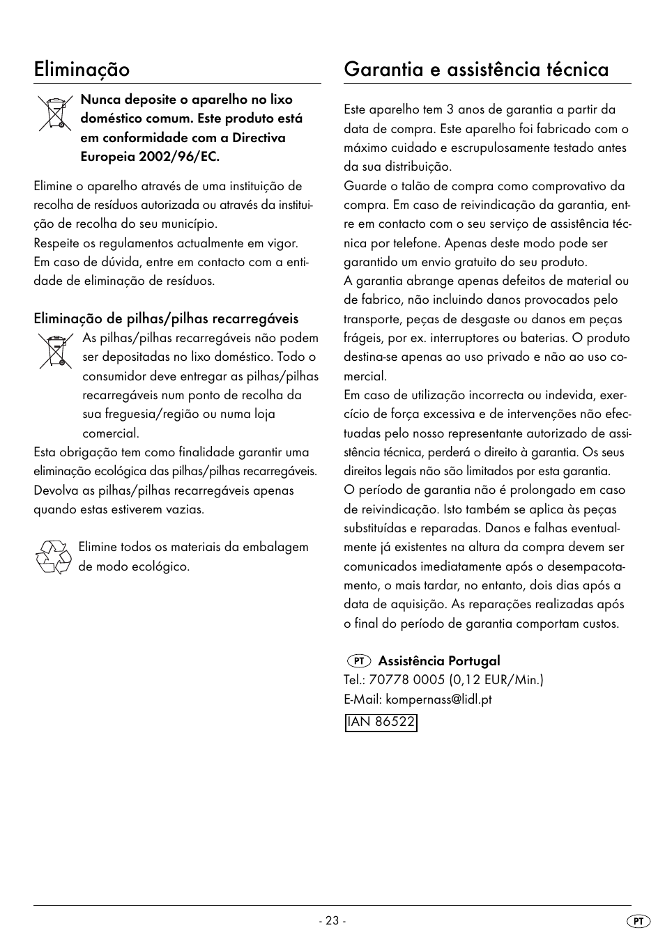 Eliminação, Garantia e assistência técnica | Silvercrest SPWS 180 A1 User Manual | Page 25 / 59