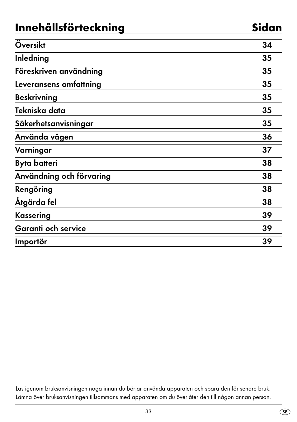 Innehållsförteckning sidan | Silvercrest SPWS 180 A1 User Manual | Page 35 / 59