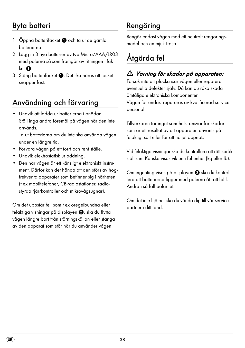 Byta batteri, Användning och förvaring, Rengöring | Åtgärda fel | Silvercrest SPWS 180 A1 User Manual | Page 40 / 59