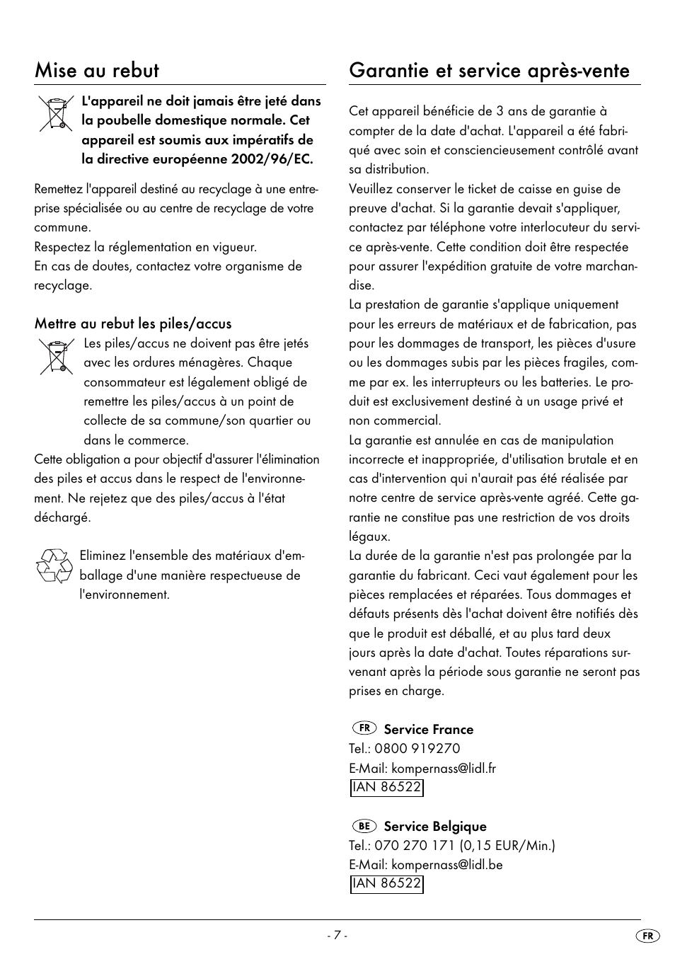 Mise au rebut, Garantie et service après-vente | Silvercrest SPWS 180 A1 User Manual | Page 9 / 59