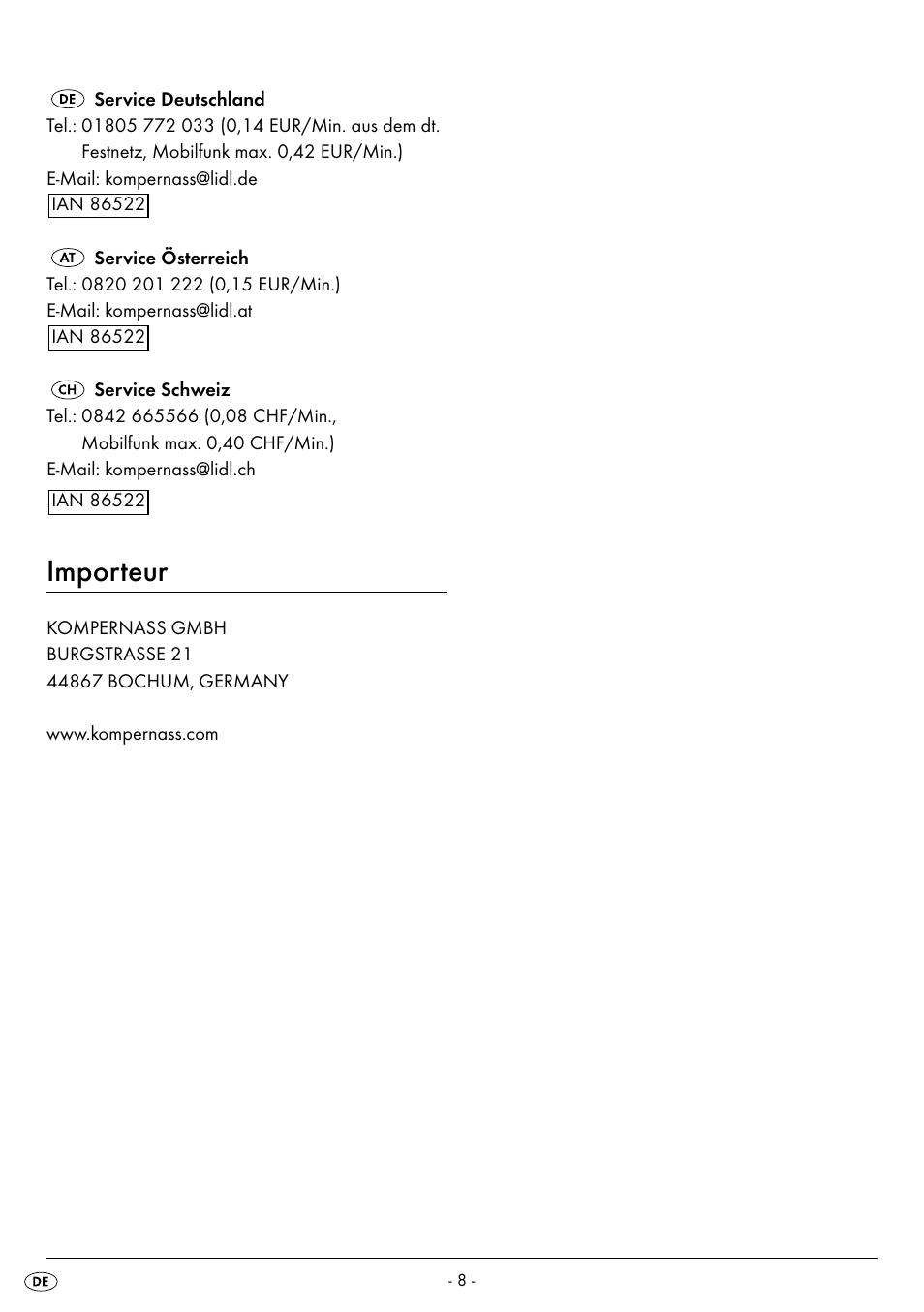 Importeur | Silvercrest SPWS 180 A1 User Manual | Page 10 / 50