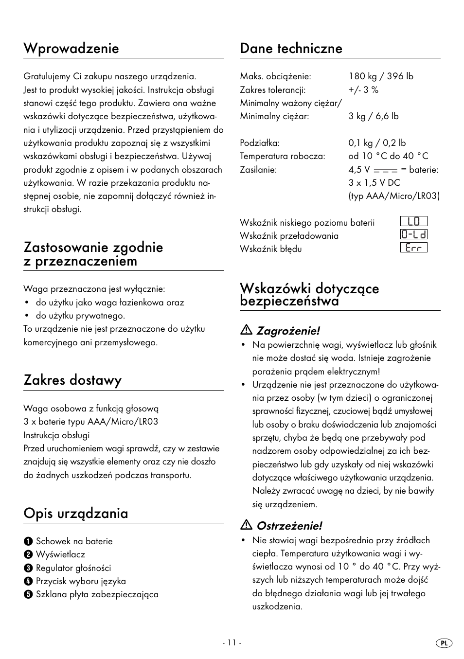 Wprowadzenie, Zastosowanie zgodnie z przeznaczeniem, Zakres dostawy | Opis urządzania, Dane techniczne, Wskazówki dotyczące bezpieczeństwa | Silvercrest SPWS 180 A1 User Manual | Page 13 / 50