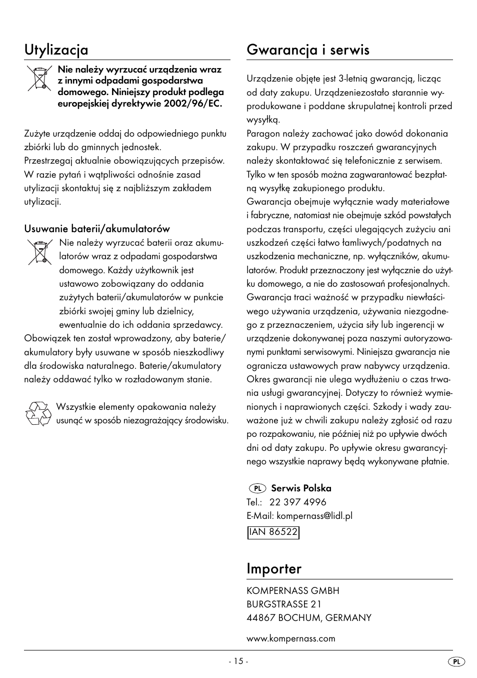 Utylizacja, Gwarancja i serwis, Importer | Silvercrest SPWS 180 A1 User Manual | Page 17 / 50