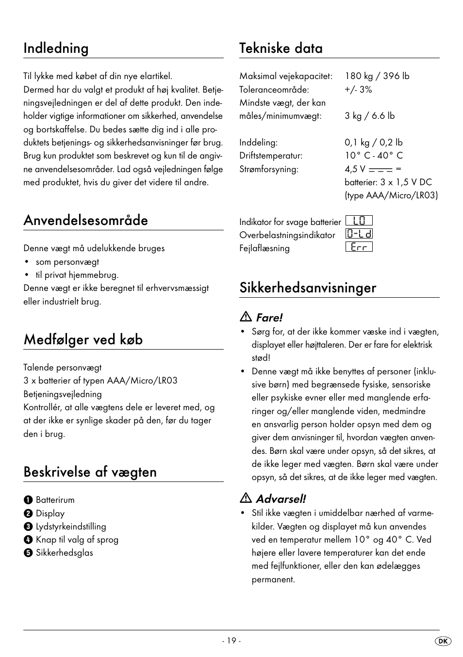 Indledning, Anvendelsesområde, Medfølger ved køb | Beskrivelse af vægten, Tekniske data, Sikkerhedsanvisninger | Silvercrest SPWS 180 A1 User Manual | Page 21 / 50