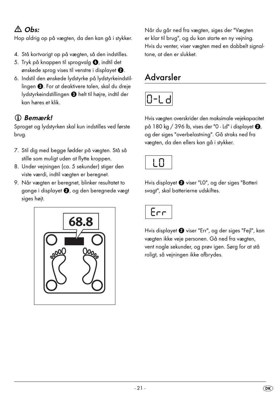 Advarsler, Bemærk | Silvercrest SPWS 180 A1 User Manual | Page 23 / 50