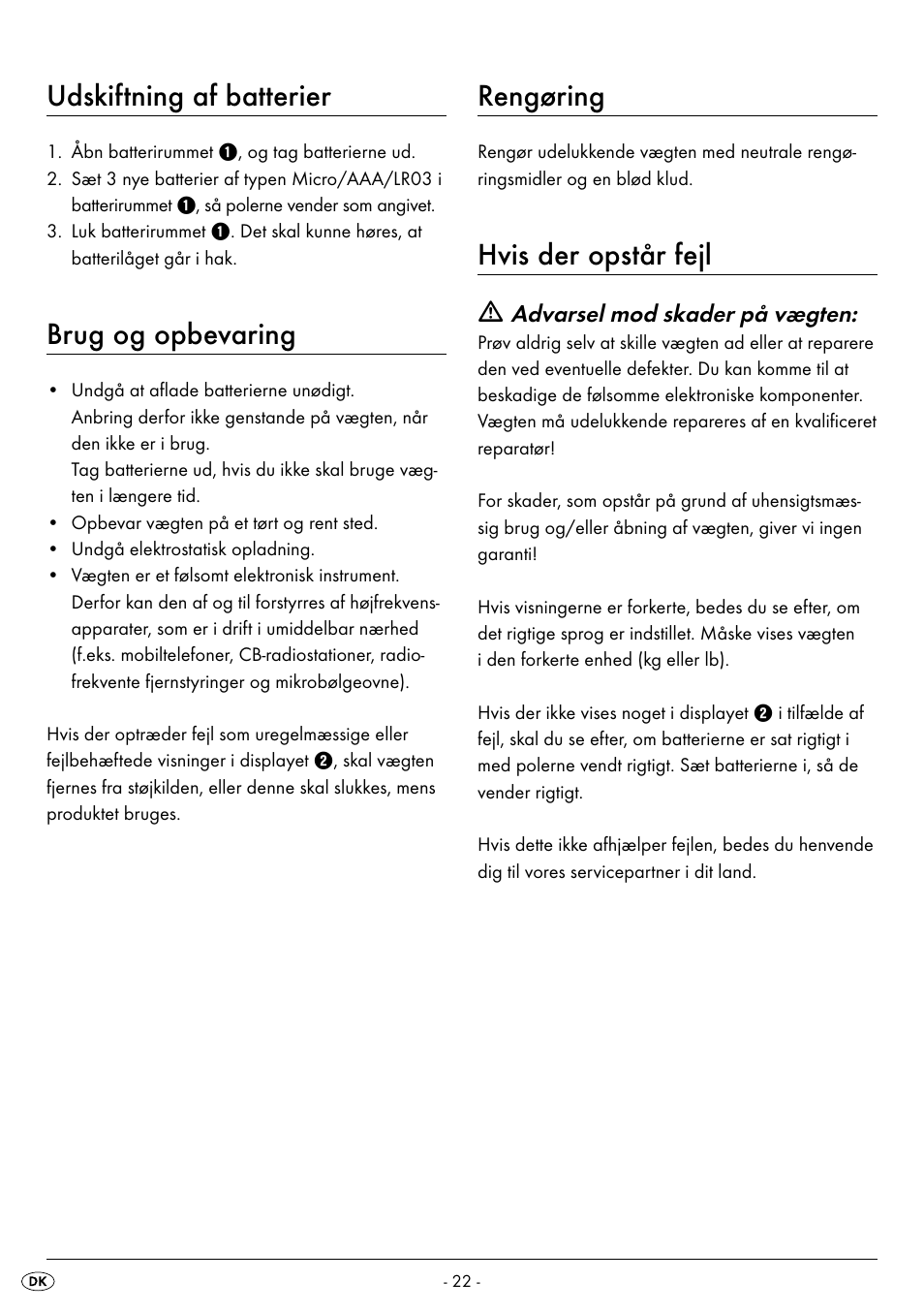 Udskiftning af batterier, Brug og opbevaring, Rengøring | Hvis der opstår fejl | Silvercrest SPWS 180 A1 User Manual | Page 24 / 50