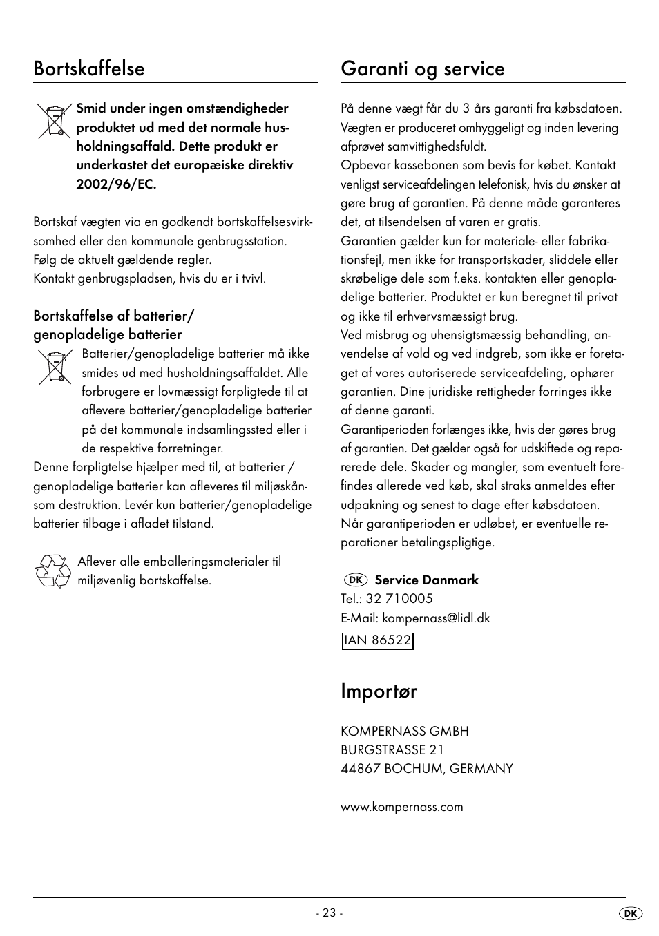 Bortskaffelse, Garanti og service, Importør | Silvercrest SPWS 180 A1 User Manual | Page 25 / 50