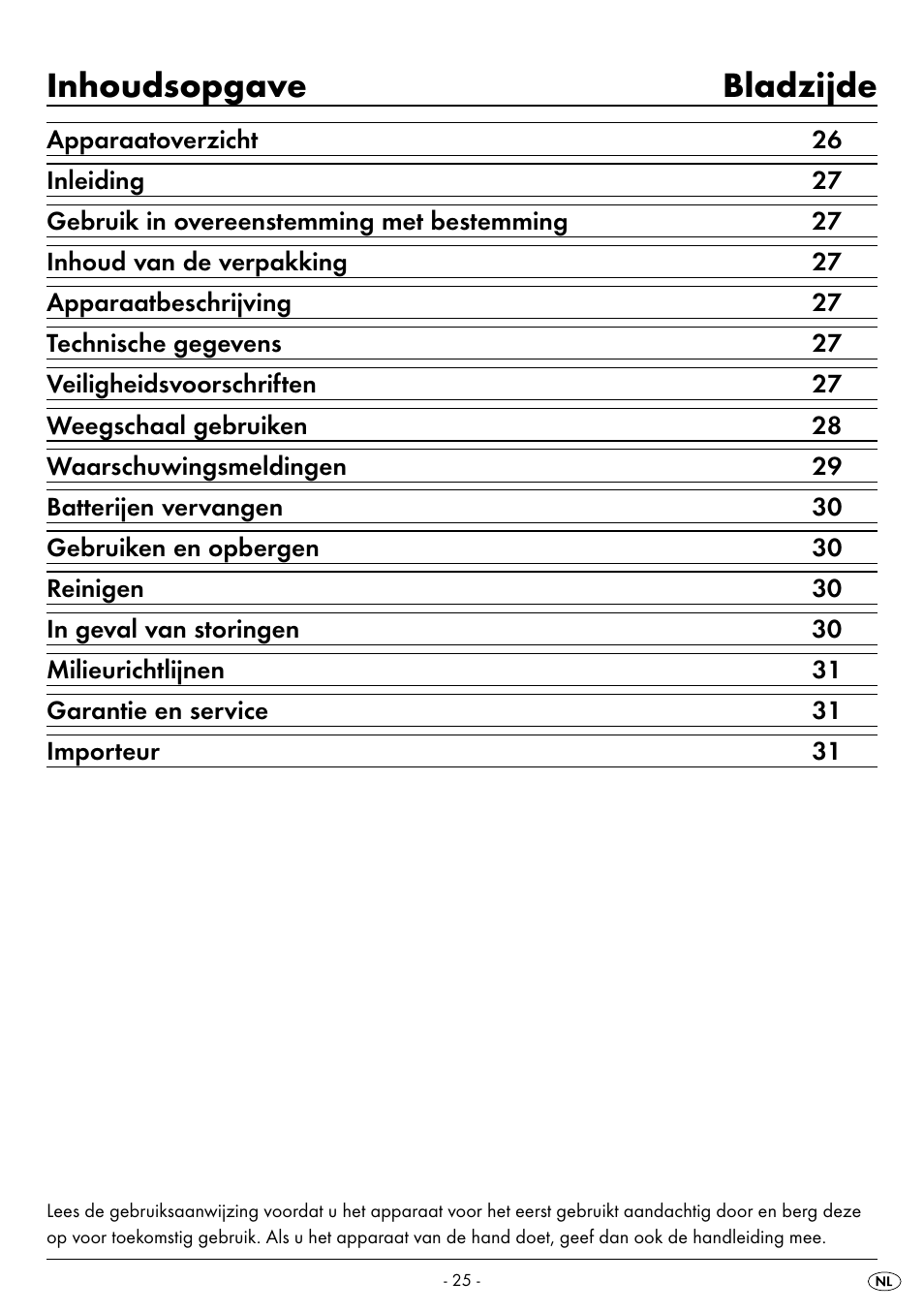 Inhoudsopgave bladzijde | Silvercrest SPWS 180 A1 User Manual | Page 27 / 50