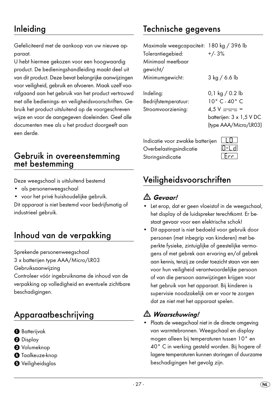 Inleiding, Gebruik in overeenstemming met bestemming, Inhoud van de verpakking | Apparaatbeschrijving, Technische gegevens, Veiligheidsvoorschriften | Silvercrest SPWS 180 A1 User Manual | Page 29 / 50