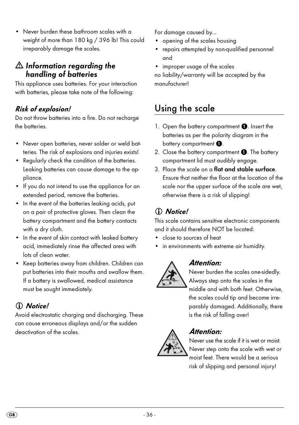 Using the scale, Information regarding the handling of batteries, Attention | Silvercrest SPWS 180 A1 User Manual | Page 38 / 50