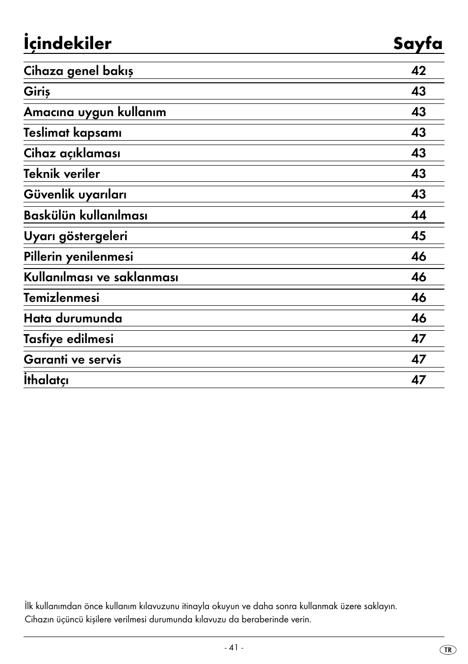 Içindekiler sayfa | Silvercrest SPWS 180 A1 User Manual | Page 43 / 50