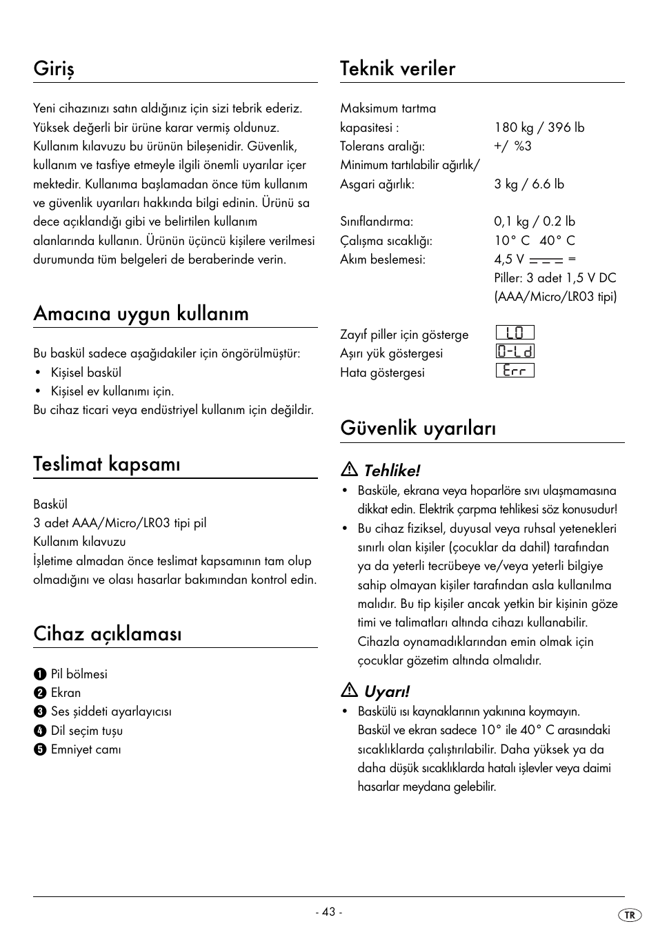 Giriş, Amacına uygun kullanım, Teslimat kapsamı | Cihaz açıklaması, Teknik veriler, Güvenlik uyarıları | Silvercrest SPWS 180 A1 User Manual | Page 45 / 50