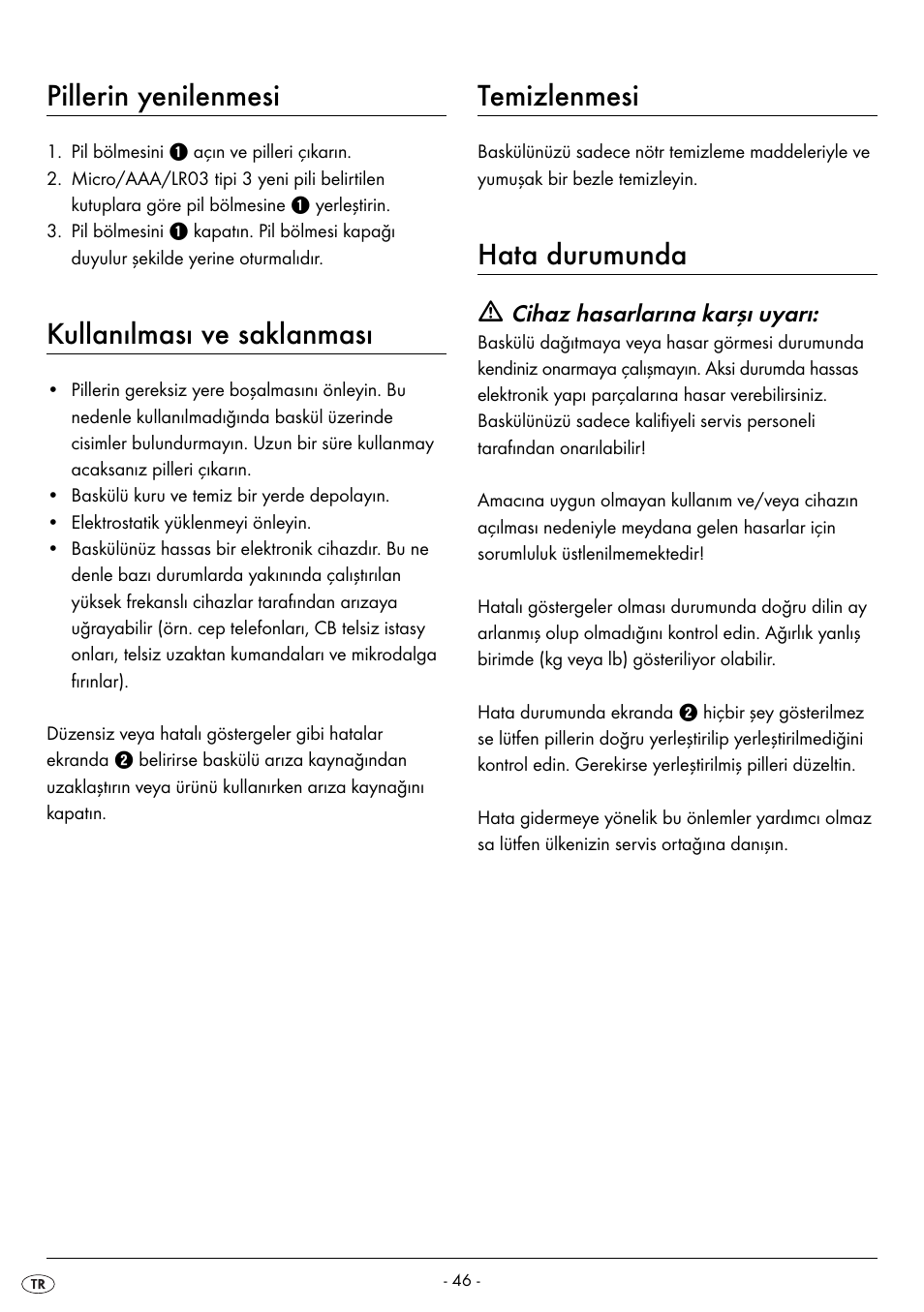 Pillerin yenilenmesi, Kullanılması ve saklanması, Temizlenmesi | Hata durumunda | Silvercrest SPWS 180 A1 User Manual | Page 48 / 50