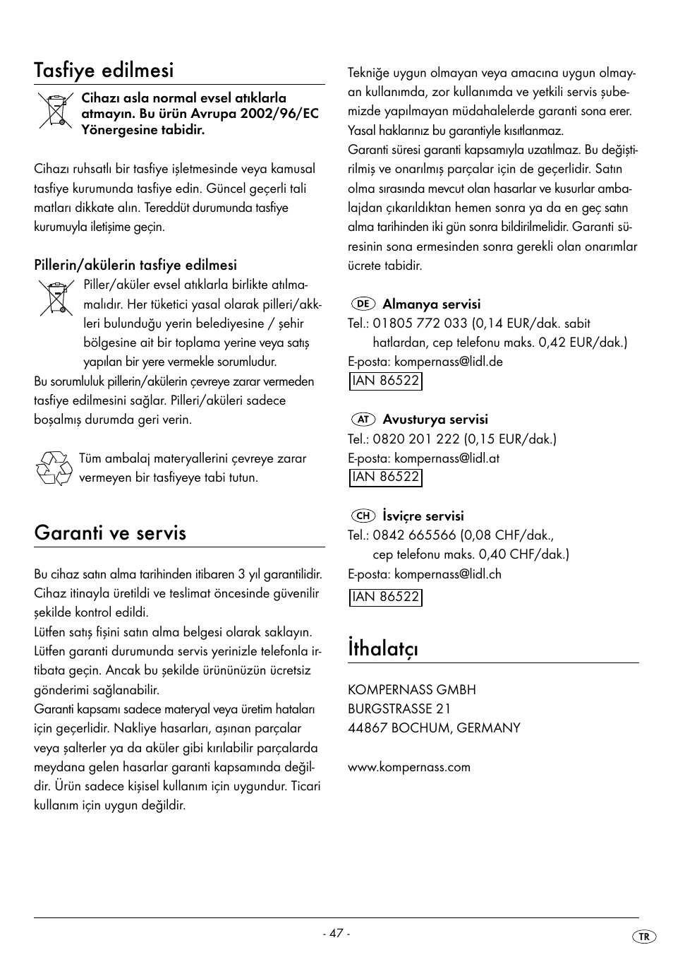 Tasfiye edilmesi, Garanti ve servis, Ithalatçı | Silvercrest SPWS 180 A1 User Manual | Page 49 / 50