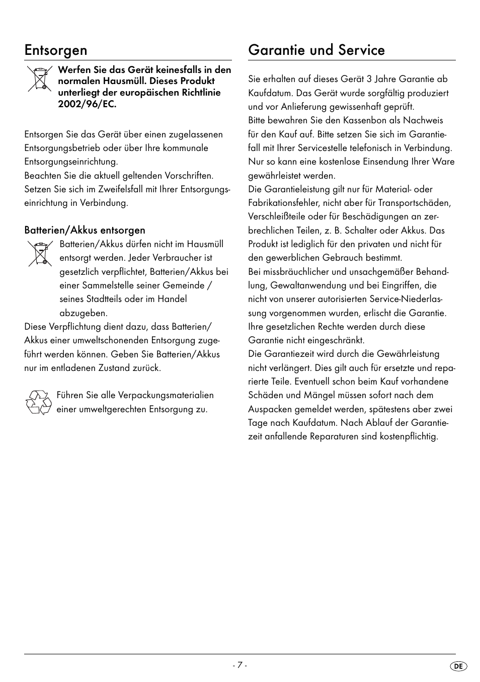 Entsorgen, Garantie und service | Silvercrest SPWS 180 A1 User Manual | Page 9 / 50