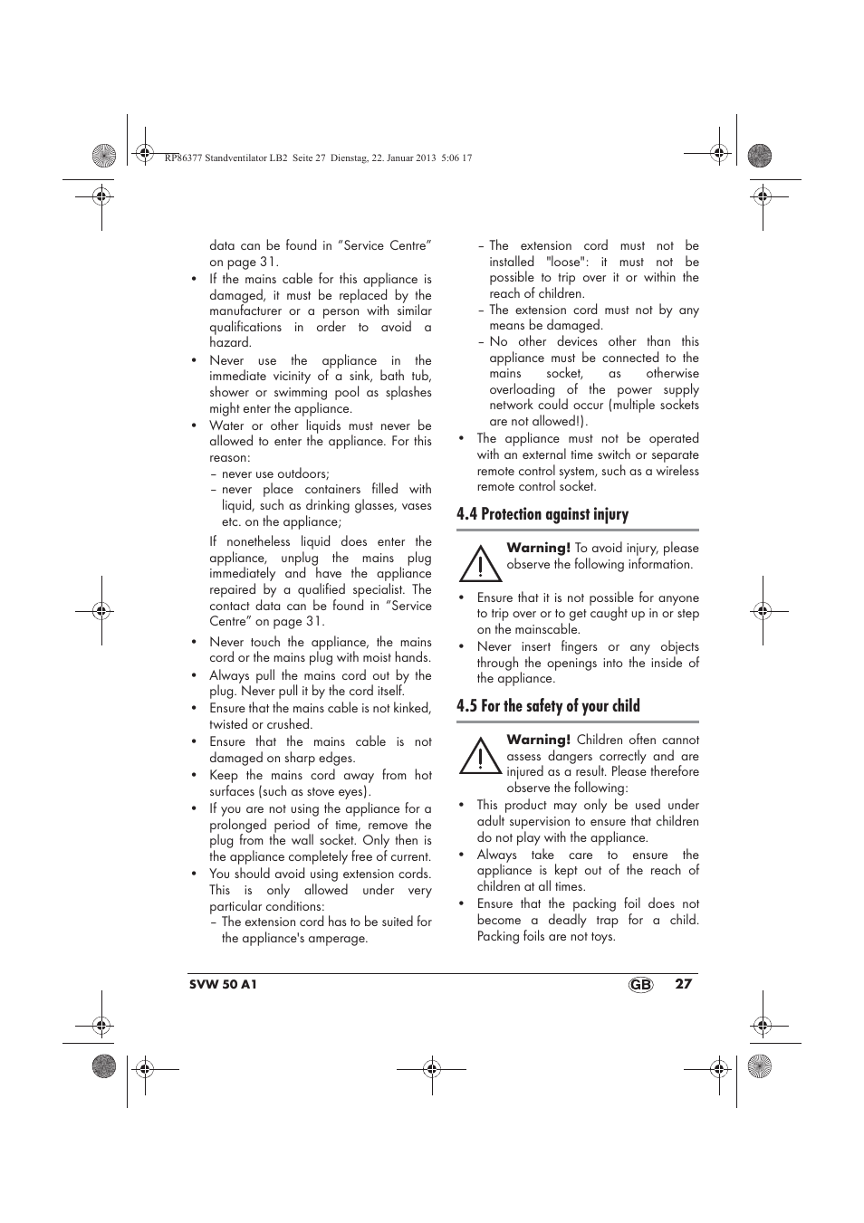 4 protection against injury, 5 for the safety of your child | Silvercrest SVW 50 A1 User Manual | Page 29 / 34