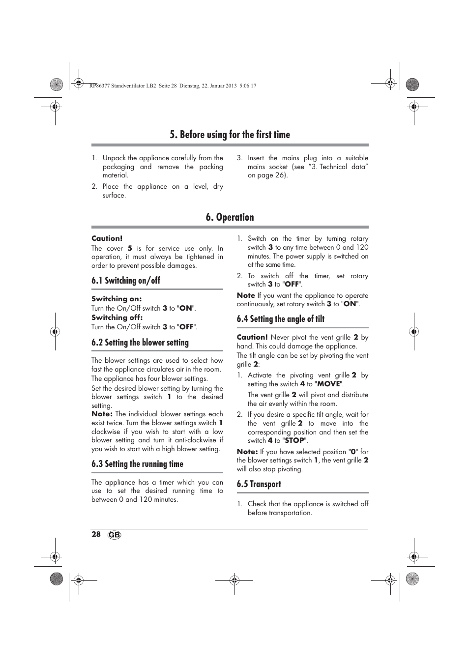 Before using for the first time, Operation, 1 switching on/off | 2 setting the blower setting, 3 setting the running time, 4 setting the angle of tilt, 5 transport | Silvercrest SVW 50 A1 User Manual | Page 30 / 34