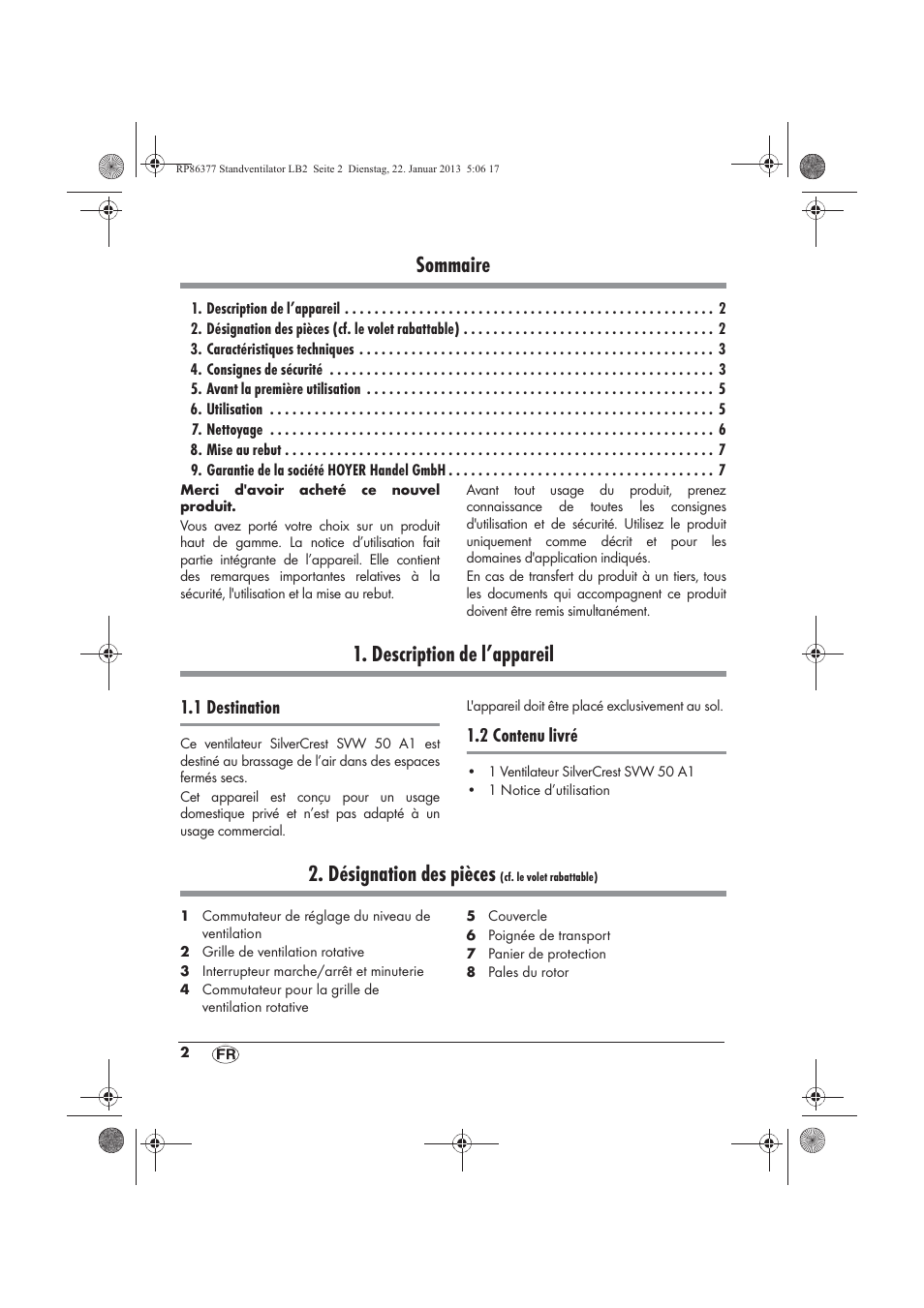 Sommaire, Description de l’appareil, Désignation des pièces | 1 destination, 2 contenu livré | Silvercrest SVW 50 A1 User Manual | Page 4 / 34