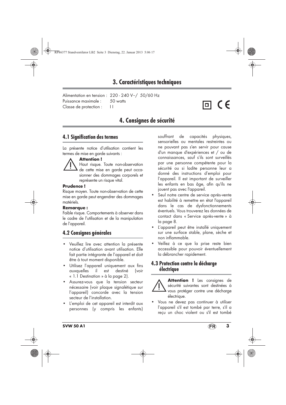 Caractéristiques techniques, Consignes de sécurité, 1 signification des termes | 2 consignes générales, 3 protection contre la décharge électrique | Silvercrest SVW 50 A1 User Manual | Page 5 / 34