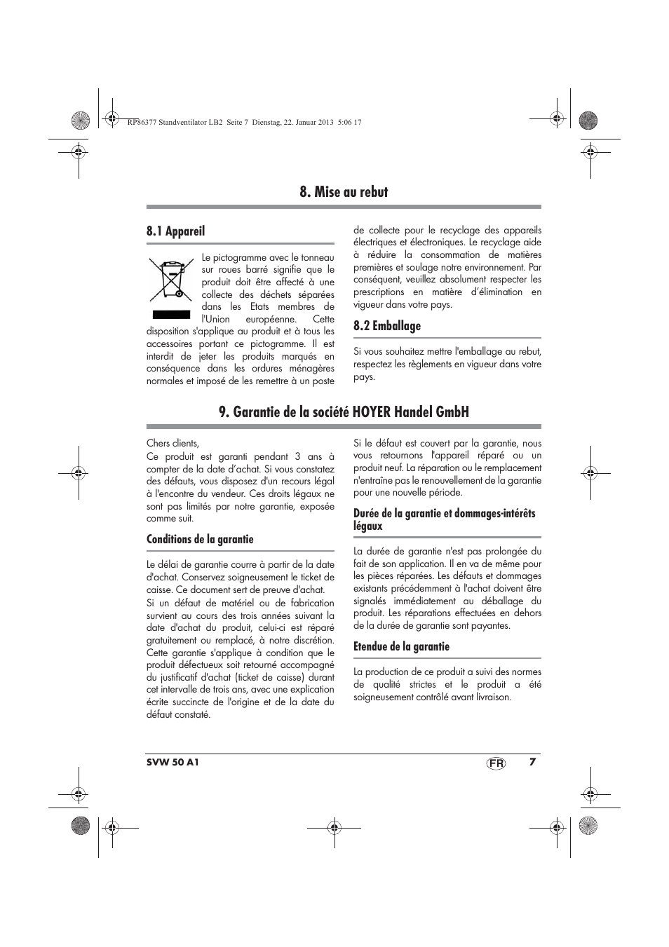 Mise au rebut, Garantie de la société hoyer handel gmbh | Silvercrest SVW 50 A1 User Manual | Page 9 / 34