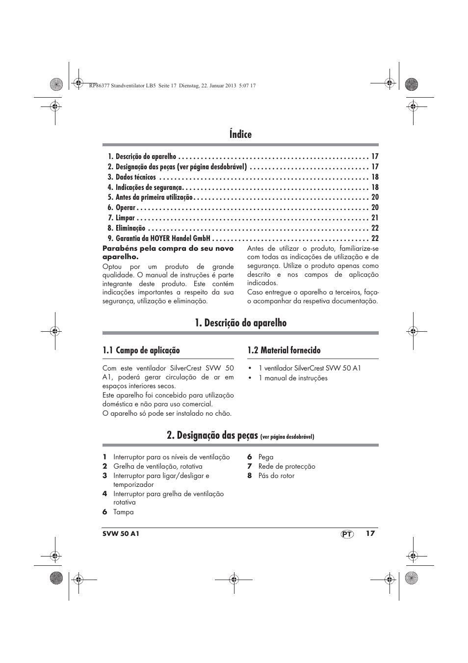 Índice, Descrição do aparelho, Designação das peças | 1 campo de aplicação, 2 material fornecido | Silvercrest SVW 50 A1 User Manual | Page 19 / 42