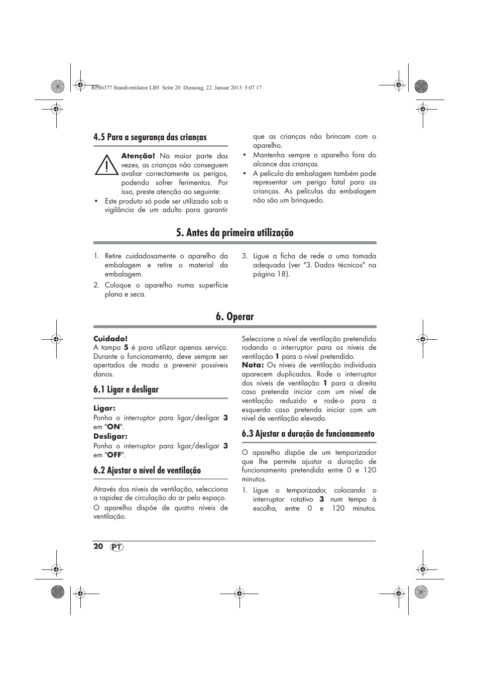 Antes da primeira utilização, Operar, 5 para a segurança das crianças | 1 ligar e desligar, 2 ajustar o nível de ventilação, 3 ajustar a duração de funcionamento | Silvercrest SVW 50 A1 User Manual | Page 22 / 42