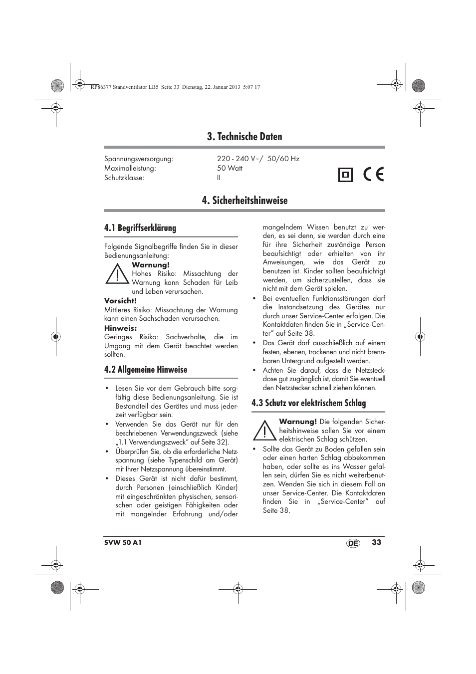 Technische daten, Sicherheitshinweise, 1 begriffserklärung | 2 allgemeine hinweise, 3 schutz vor elektrischem schlag | Silvercrest SVW 50 A1 User Manual | Page 35 / 42