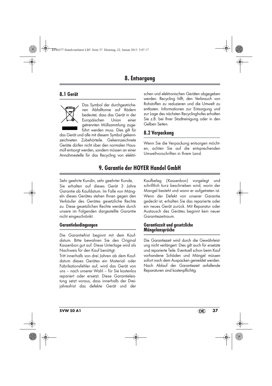 Entsorgung, Garantie der hoyer handel gmbh | Silvercrest SVW 50 A1 User Manual | Page 39 / 42