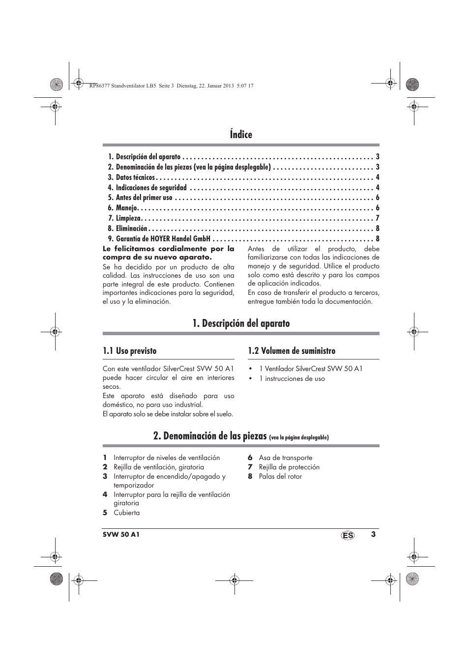 Índice, Descripción del aparato, Denominación de las piezas | 1 uso previsto, 2 volumen de suministro | Silvercrest SVW 50 A1 User Manual | Page 5 / 42