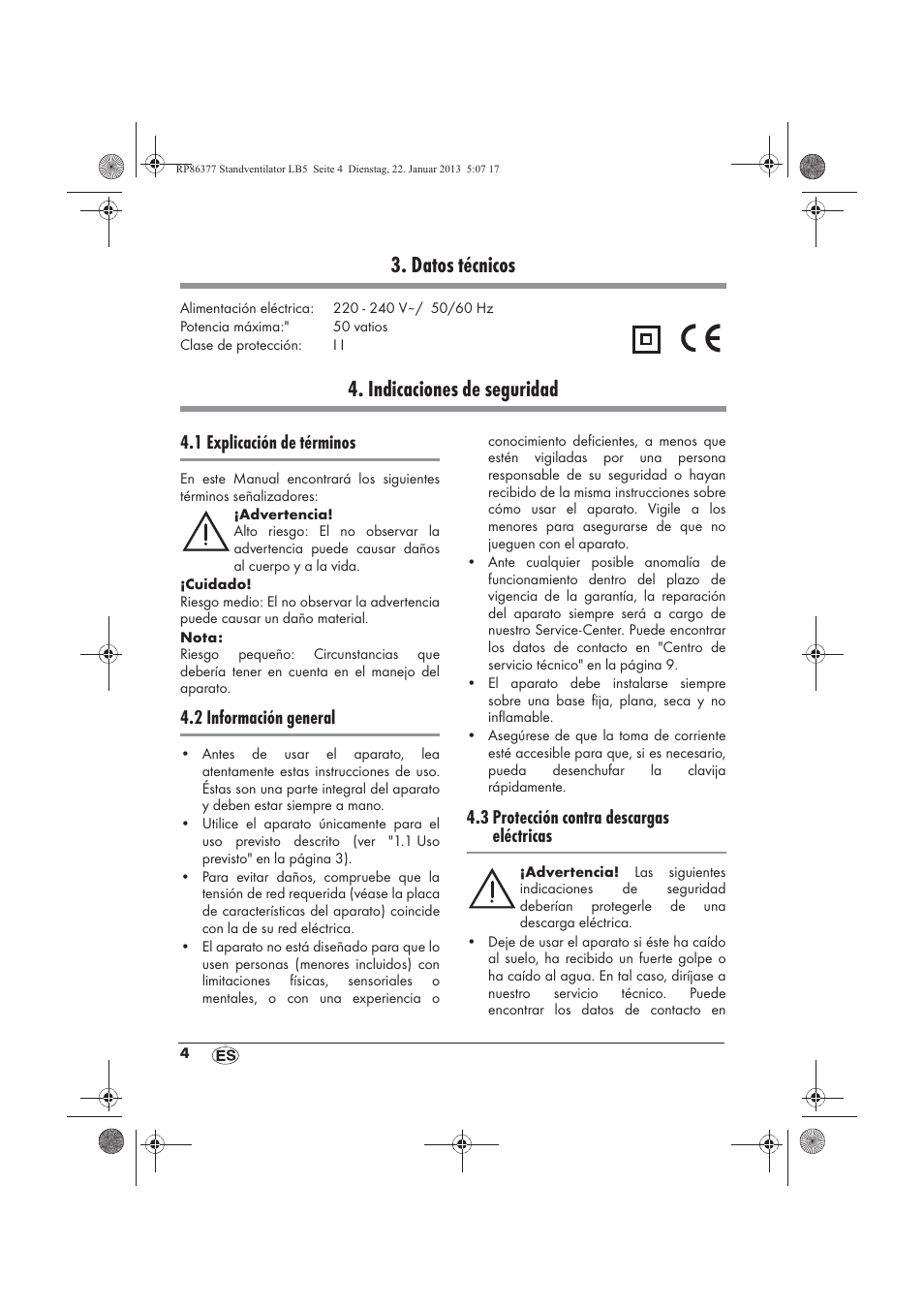 Datos técnicos, Indicaciones de seguridad, 1 explicación de términos | 2 información general, 3 protección contra descargas eléctricas | Silvercrest SVW 50 A1 User Manual | Page 6 / 42