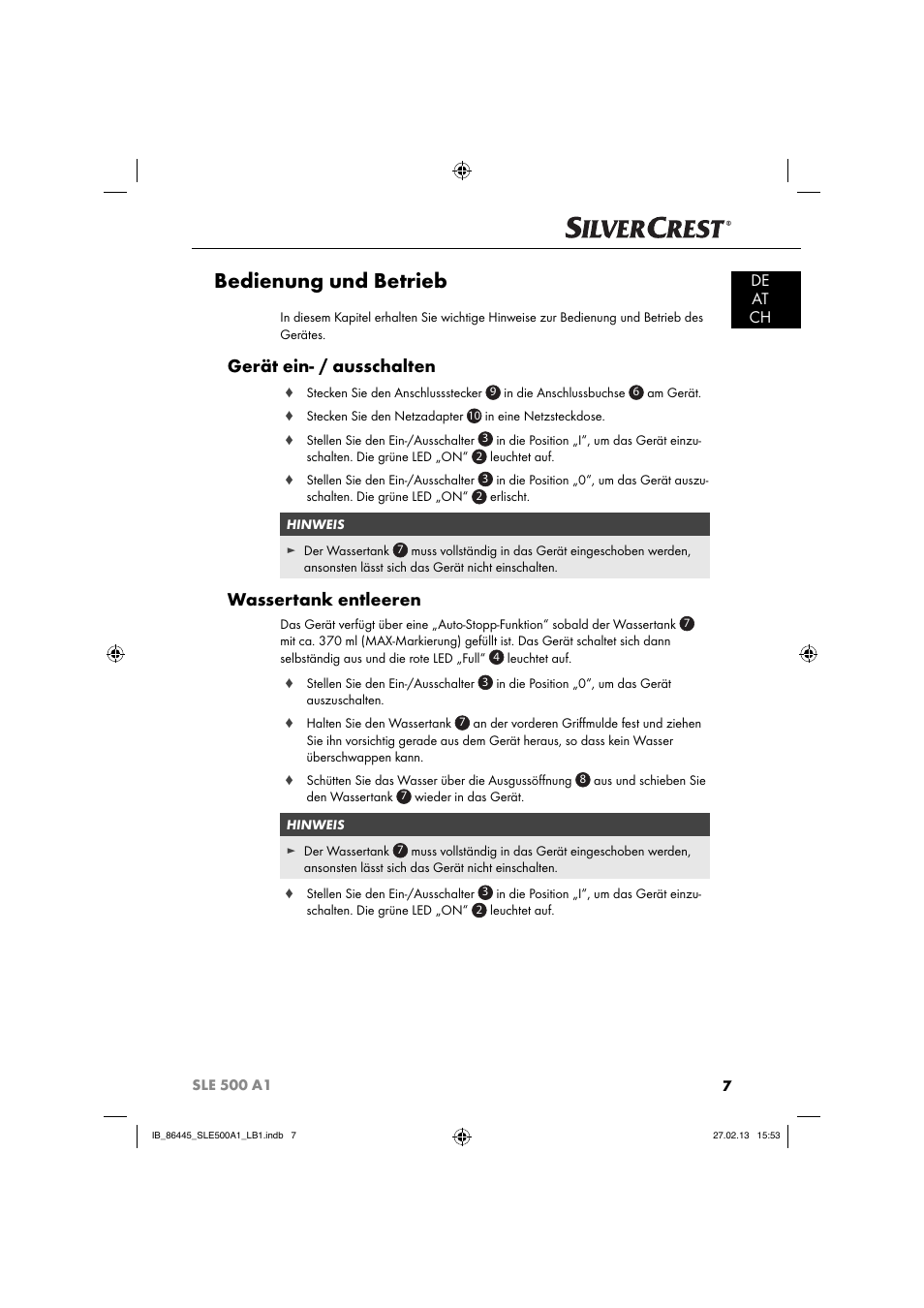 Bedienung und betrieb, Gerät ein- / ausschalten, Wassertank entleeren | De at ch | Silvercrest SLE 500 A1 User Manual | Page 10 / 52