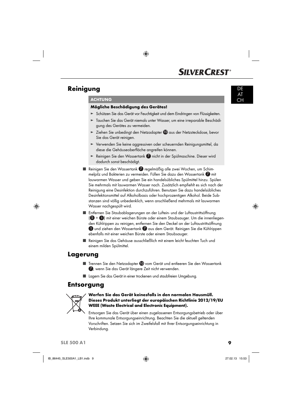 Reinigung, Lagerung, Entsorgung | De at ch | Silvercrest SLE 500 A1 User Manual | Page 12 / 52