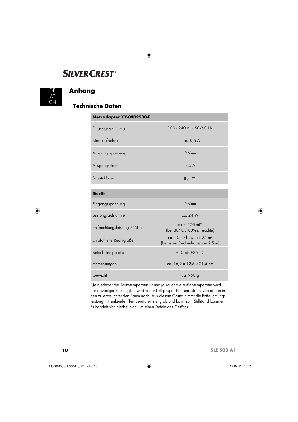 Anhang, Technische daten, De at ch | Silvercrest SLE 500 A1 User Manual | Page 13 / 52