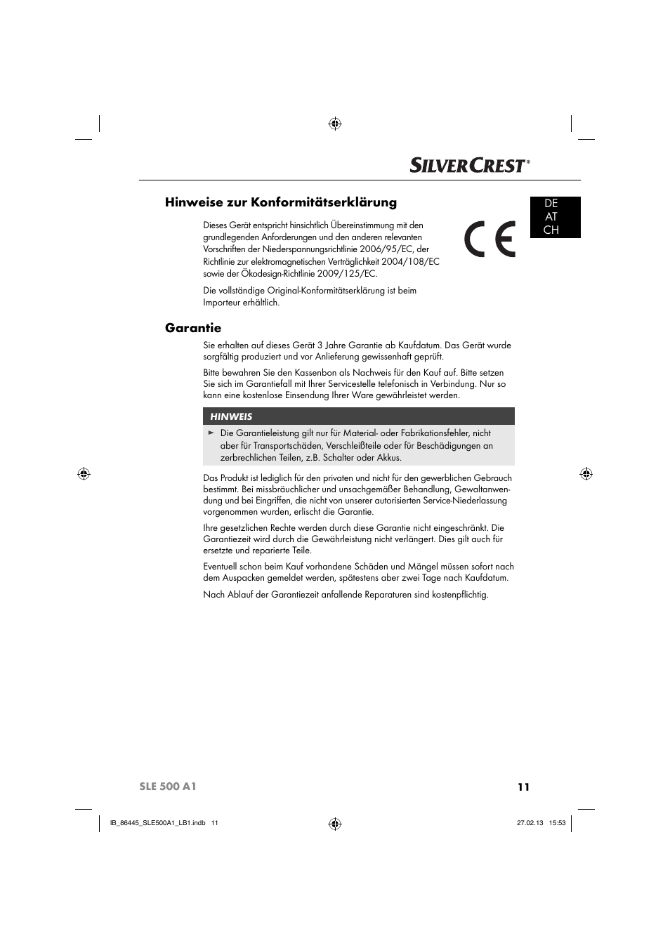 Hinweise zur konformitätserklärung, Garantie, De at ch | Silvercrest SLE 500 A1 User Manual | Page 14 / 52