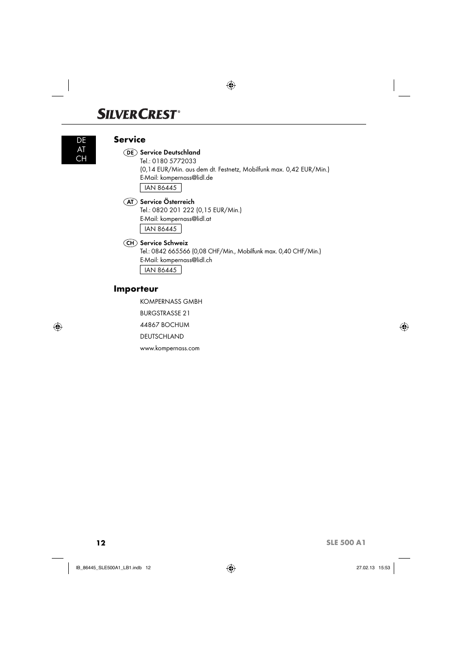 Service, Importeur, De at ch | Silvercrest SLE 500 A1 User Manual | Page 15 / 52