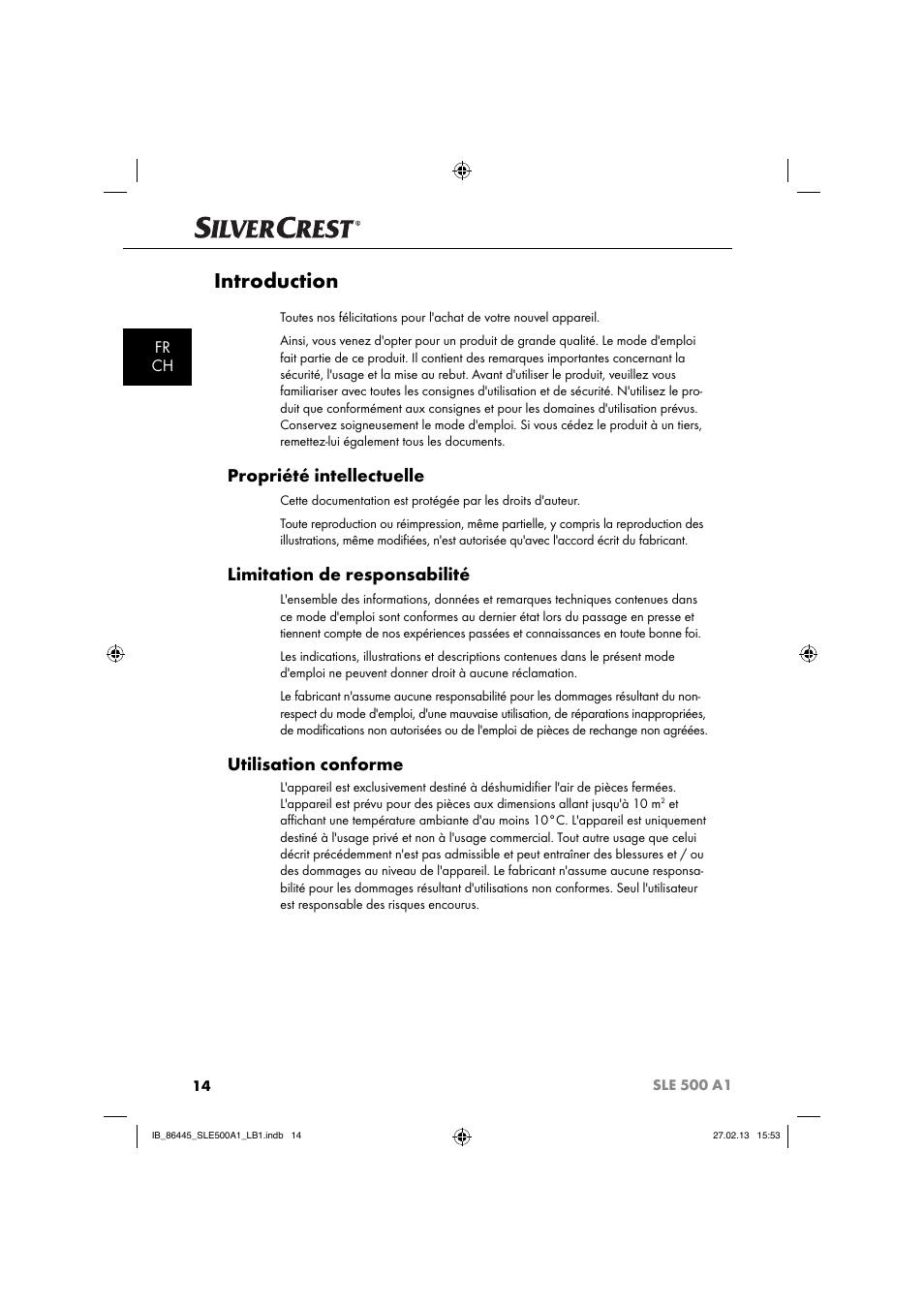 Introduction, Propriété intellectuelle, Limitation de responsabilité | Utilisation conforme, Fr ch | Silvercrest SLE 500 A1 User Manual | Page 17 / 52