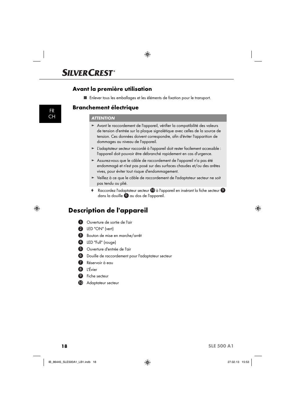 Description de l'appareil, Avant la première utilisation, Branchement électrique | Fr ch | Silvercrest SLE 500 A1 User Manual | Page 21 / 52